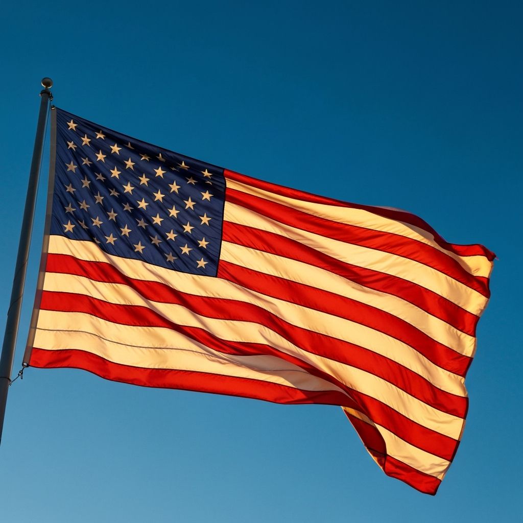 American flag waving against a blue sky, symbolizing 250 years of freedom defended by veterans